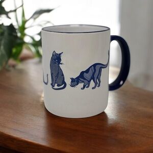 M Ware Ivory Cobalt Blue Kitty Cat Mug Coffee Cup Wraparound Design Crramic